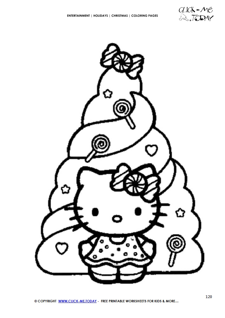 Hello Kitty with Xmas tree Coloring page