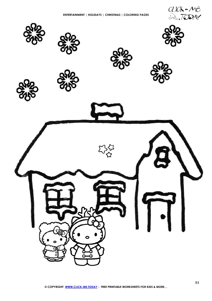 House with snow & kids Christmas Coloring page