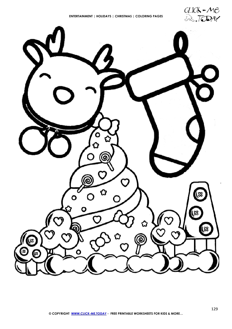 Reindeer, Xmas tree & presents Coloring page