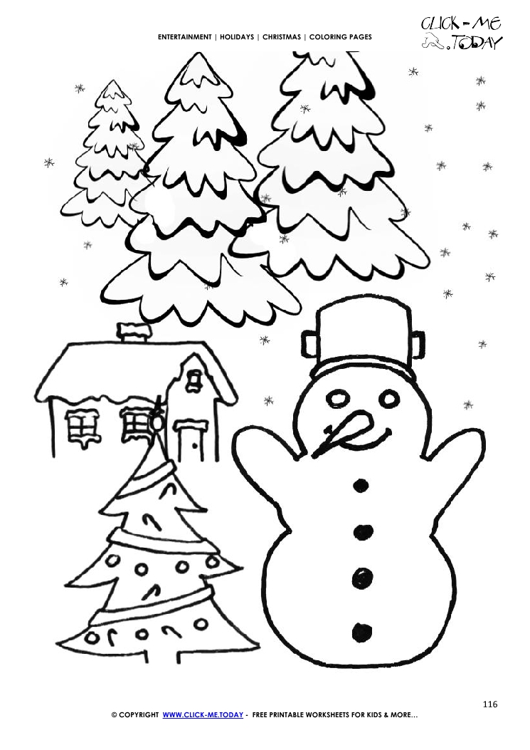 Xmas landscape with snowman  Coloring page