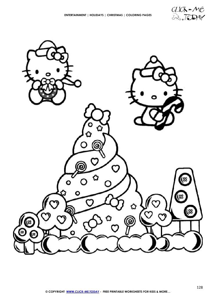 Xmas tree, presents & Hello Kitty Coloring page