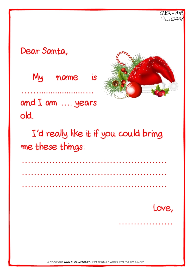 Free printable ready letter to Santa Claus template -  Less text -Santa hat-1