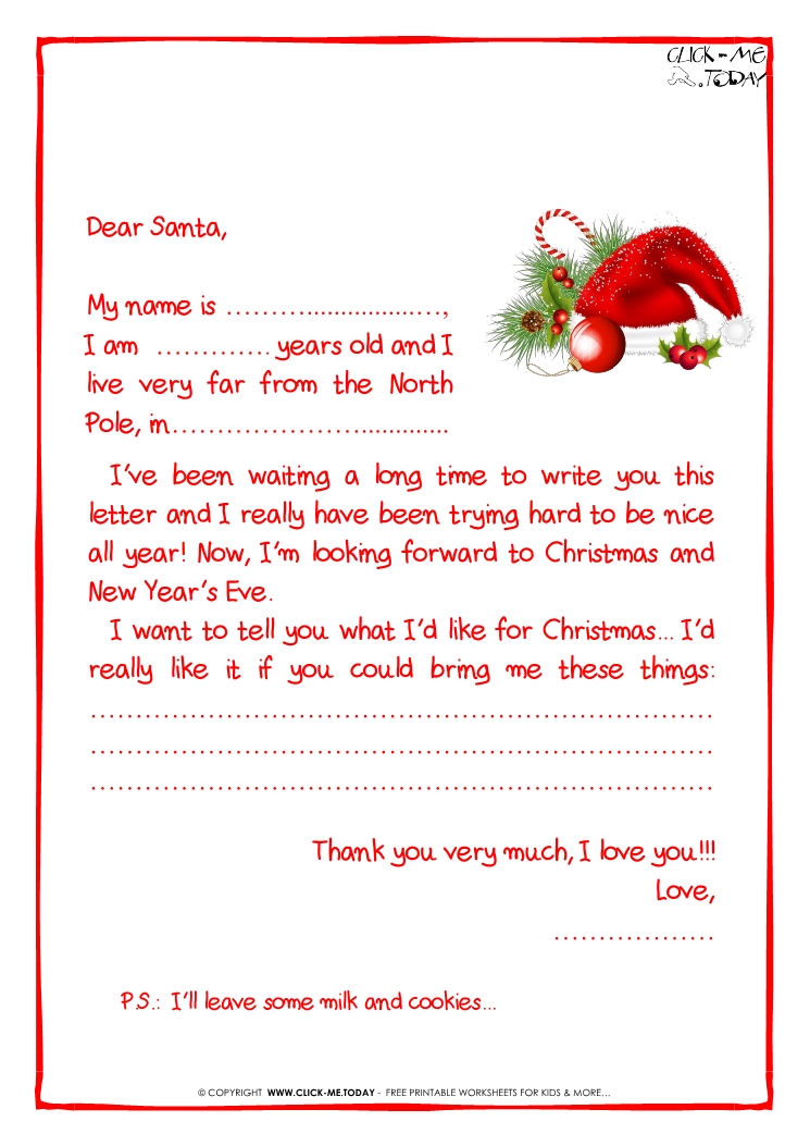 Printable sample letter to Santa Claus - with PS -Santa Hat-21