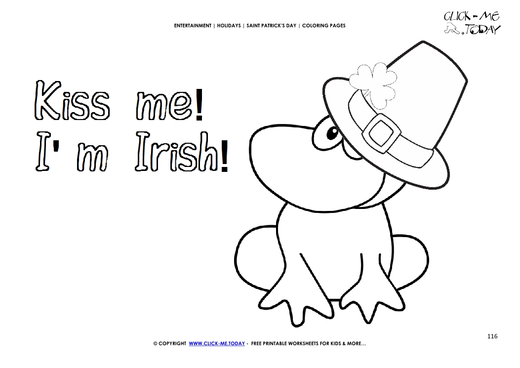 St. Patrick's Day Coloring page: 116 Cute Frog with hat Kiss me