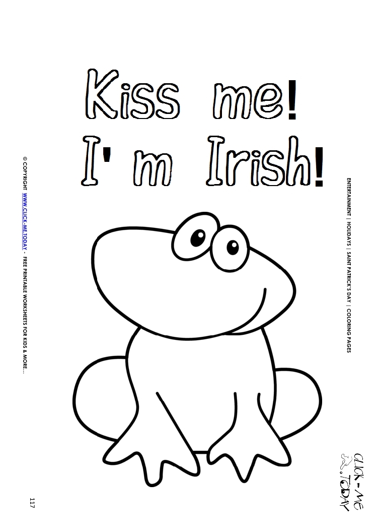 St. Patrick's Day Coloring page: 117 Cute Frog Kiss me I'm Irish
