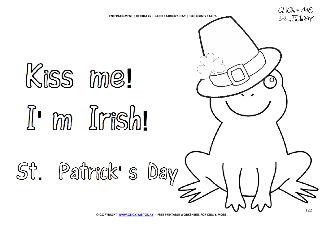 St. Patrick's Day Coloring page: 122 Frog with Hat Kiss me