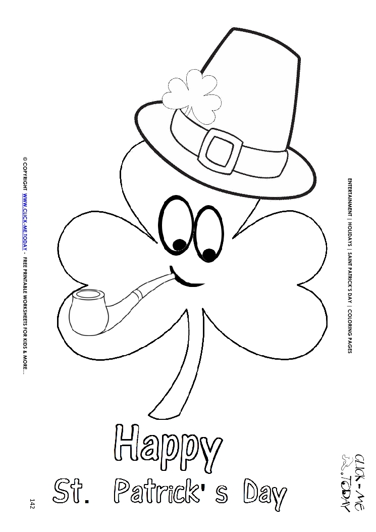 St. Patrick's Day Coloring page: 142 Shamrock face hat-pipe Happy