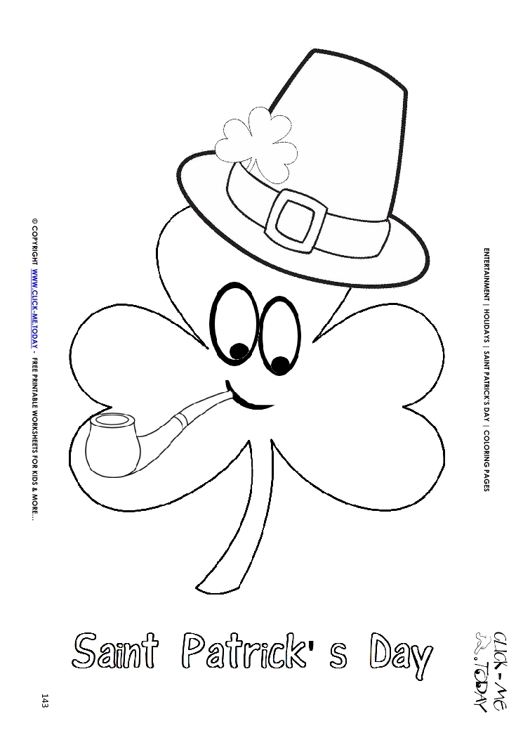 St. Patrick's Day Coloring page: 143 Shamrock face hat-pipe St.Patrick's