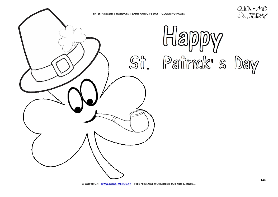St. Patrick's Day Coloring page: 146 Shamrock face hat-pipe St.Patrick's
