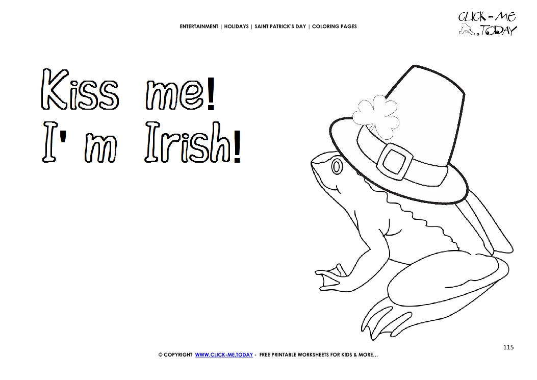 St. Patrick's Day Coloring page: 115 Big Frog with hat Kiss me