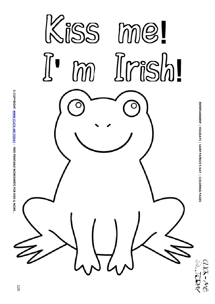 St. Patrick's Day Coloring page: 120 Frog Kiss me I'm Irish