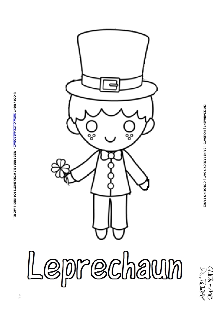 St. Patrick's Day Coloring page:  53 Leprechaun with 4 leaf clover Text