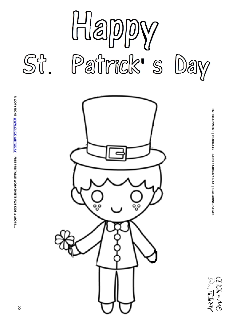 St. Patrick's Day Coloring page:  55 Leprechaun-4 leaf clover Happy