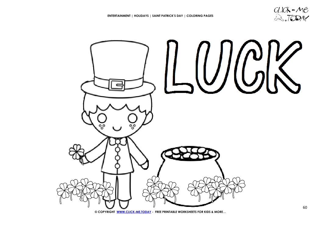 St. Patrick's Day Coloring page: 60 Leprechaun-Gold-4 leaf clovers Luck