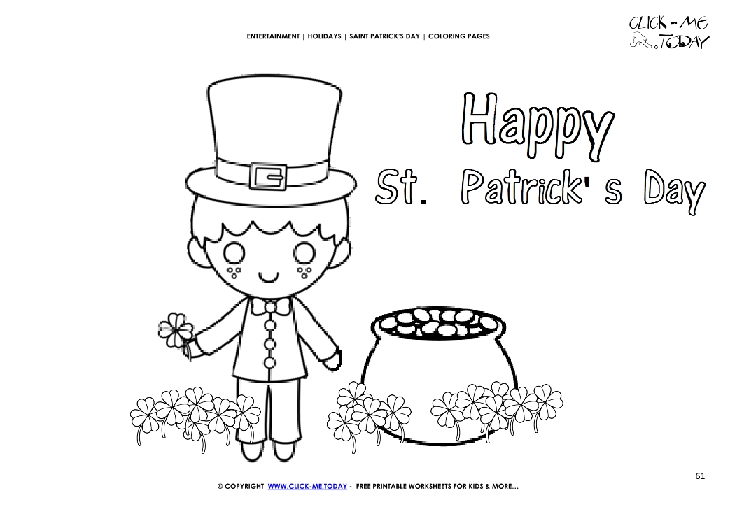 St. Patrick's Day Coloring page: 61 Leprechaun-Gold-4 leaf clovers Happy