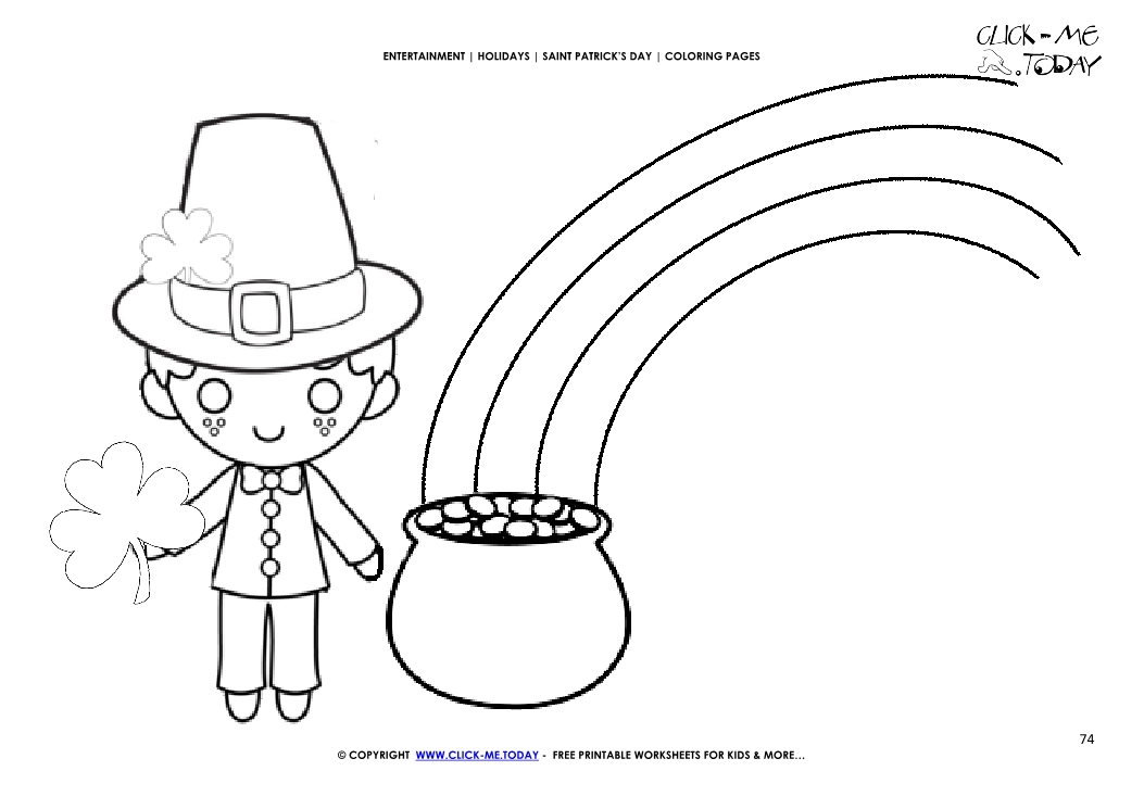 St. Patrick's Day Coloring page: 74 Leprechaun, gold & rainbow