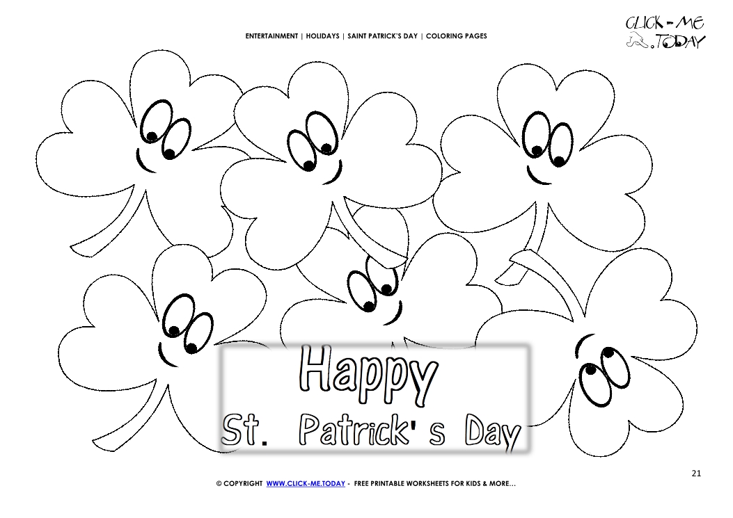 St. Patrick's Day Coloring page: 21 Shamrocks Faces - Happy St.Patrick's