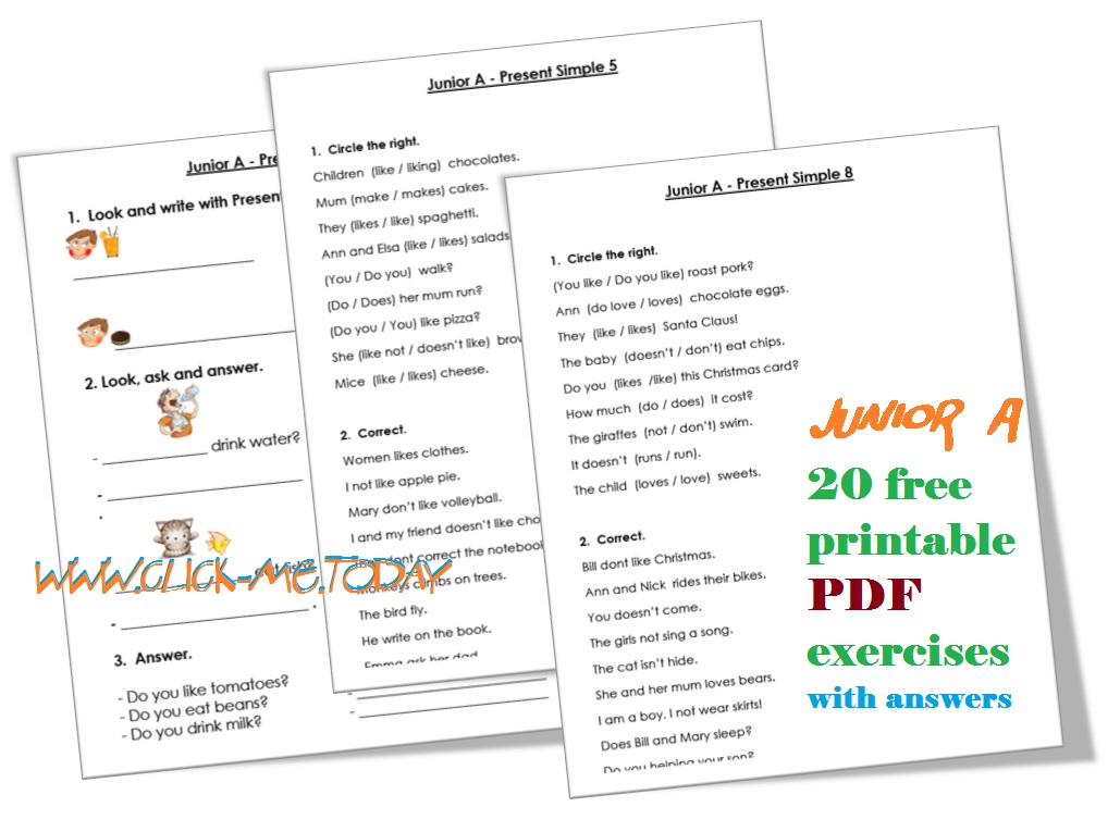 Junior A - Present Simple exercises PDF with Answers