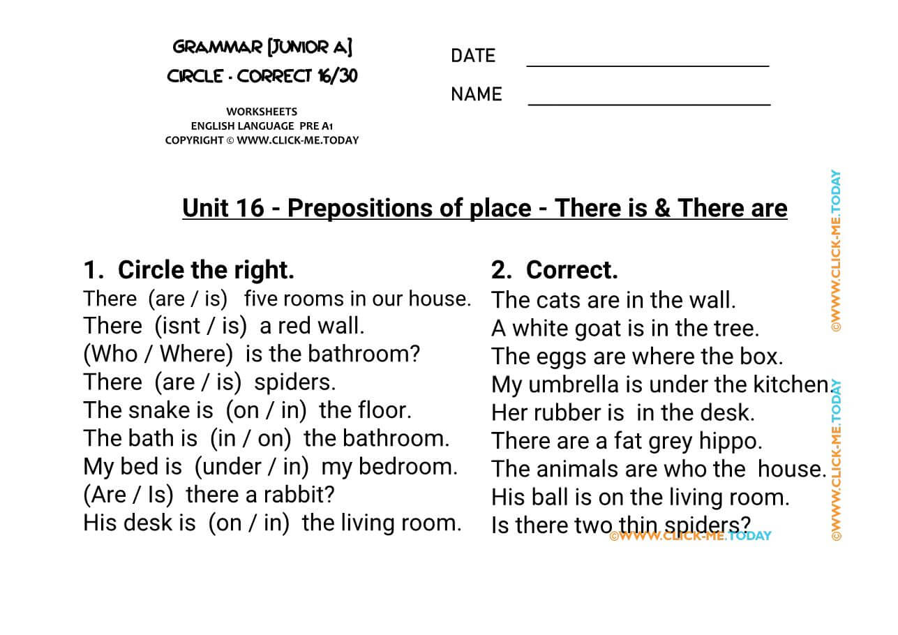 GRAMMAR EXERCISES CIRCLE-CORRECT Prepositions of Place -U16