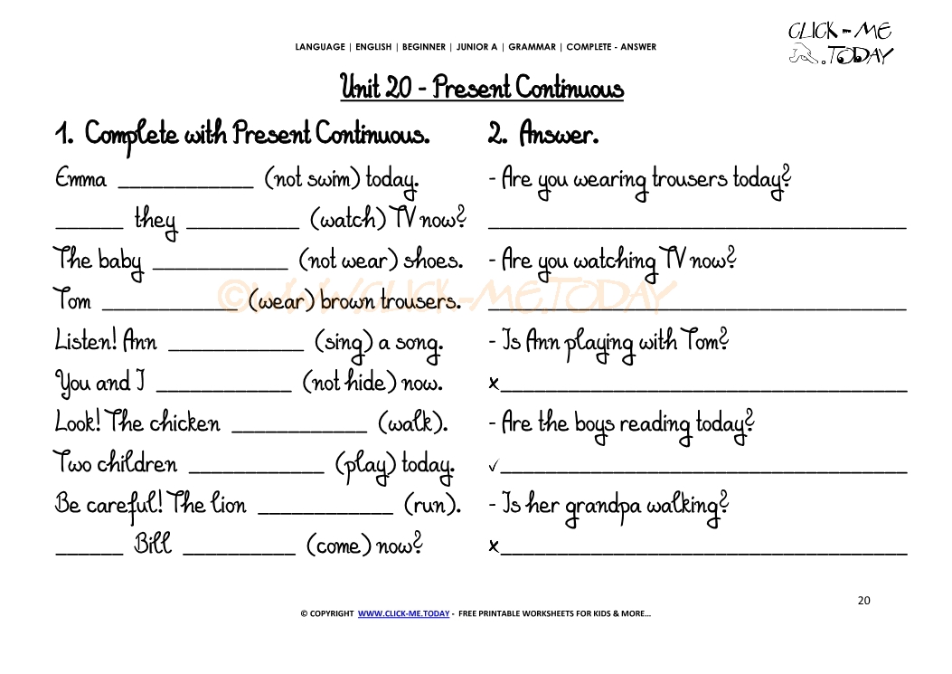 GRAMMAR WORKSHEETS COMPLETE-ANSWER - Present Continuous U20