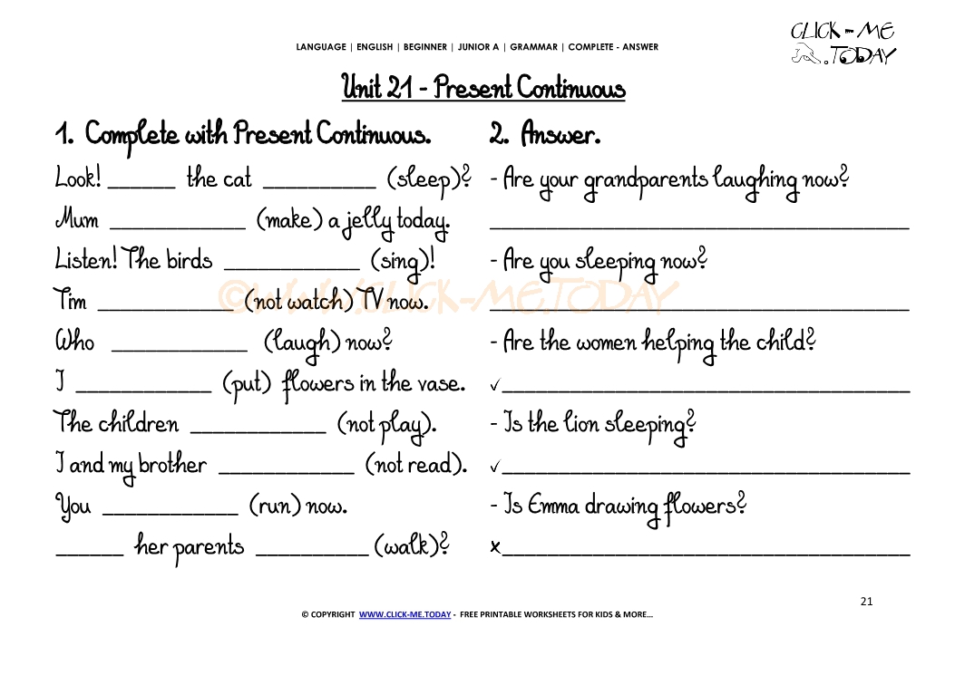 GRAMMAR WORKSHEETS COMPLETE-ANSWER - Present Continuous U21
