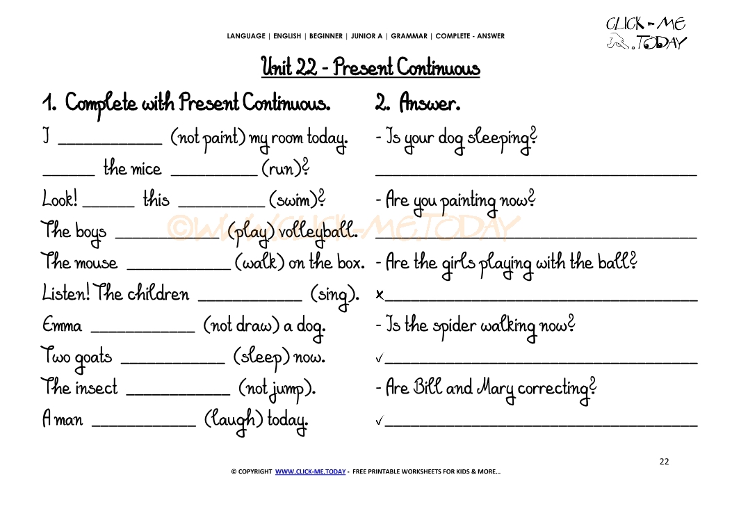 GRAMMAR WORKSHEETS COMPLETE-ANSWER - Present Continuous U22