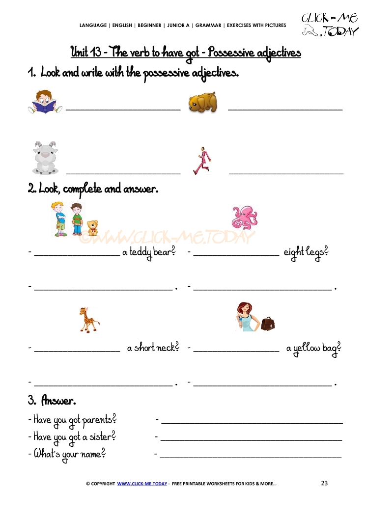 Grammar Exercises With Pictures -  Possessive Adjectives 1