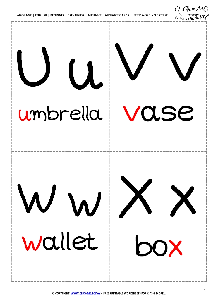 Alphabet flashcards without pictures UVWX
