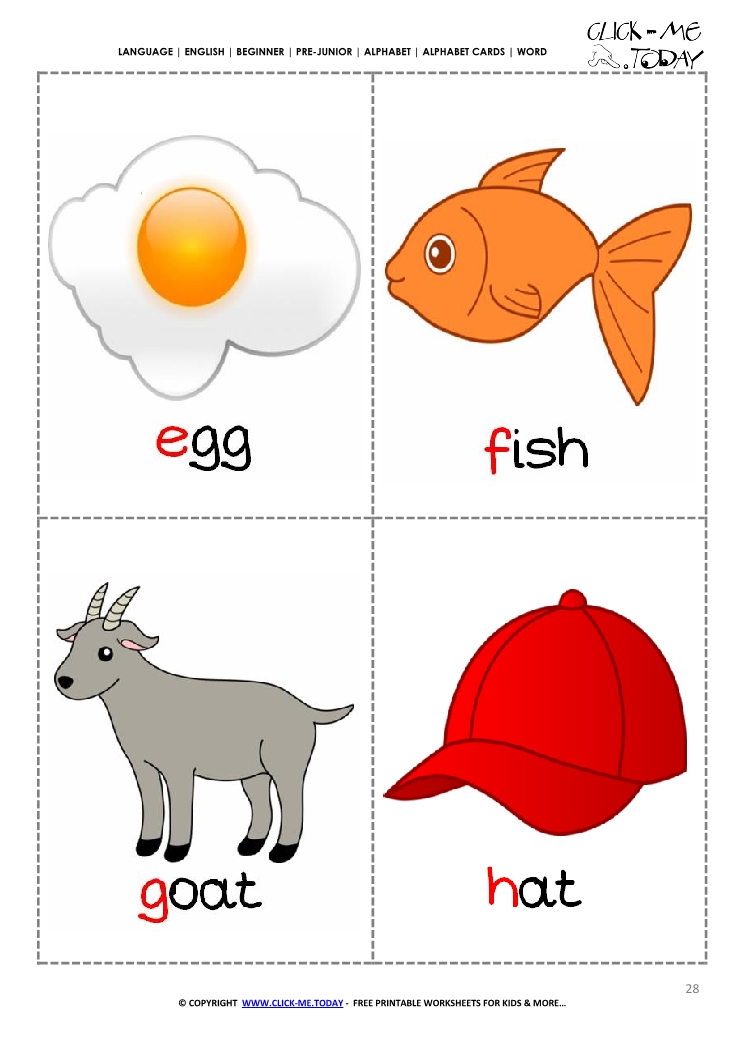 Printable alphabet flashcards - Picture & Word EFGH