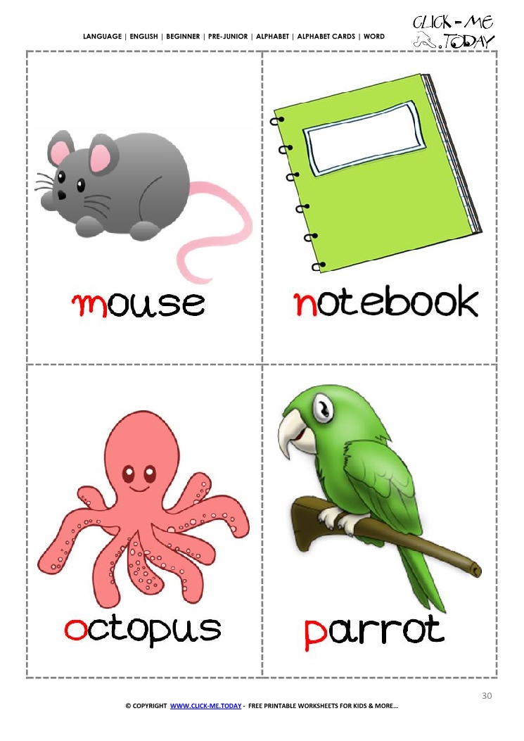 Printable alphabet flashcards - Picture & Word MNOP