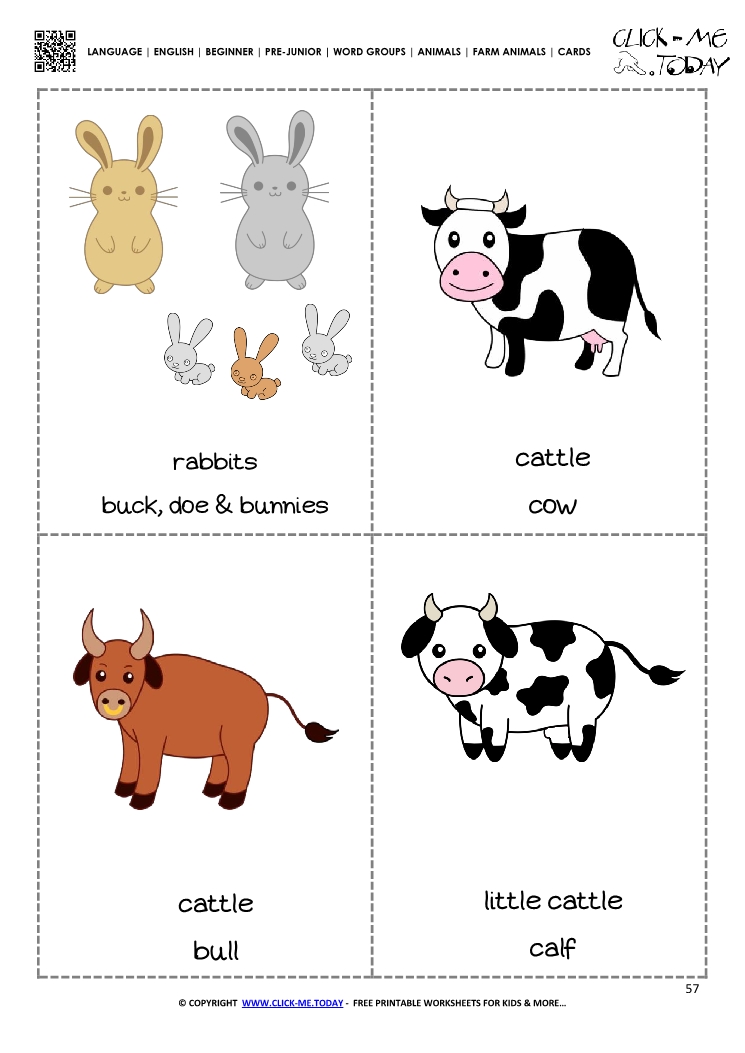 Farm animals cards  6 - Rabbits, Bull & Cow