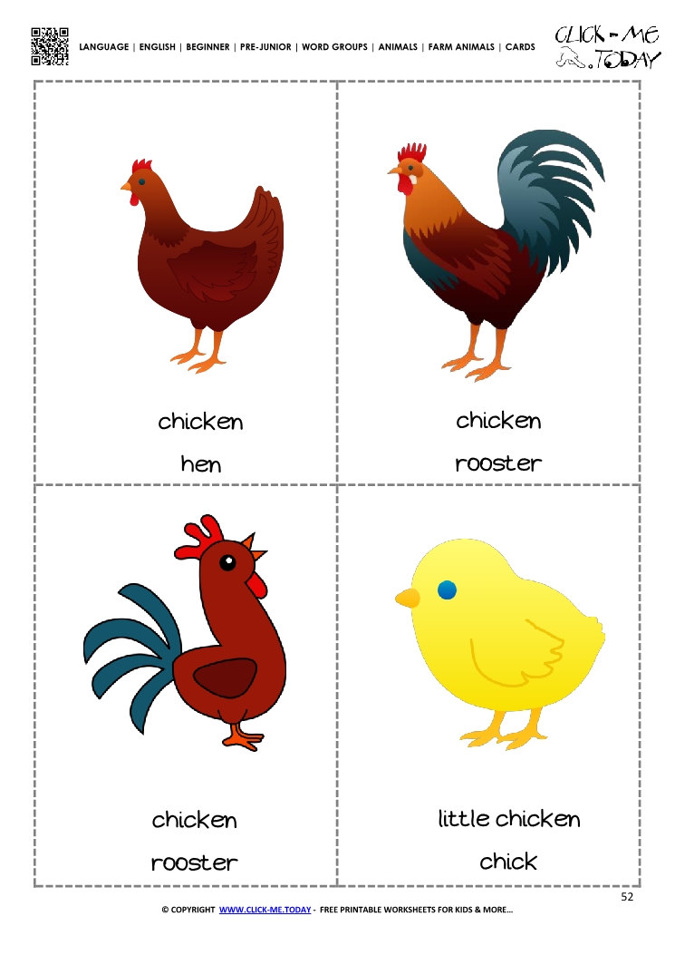 Farm animals flashcards 1 - Rooster, Hen & Chick