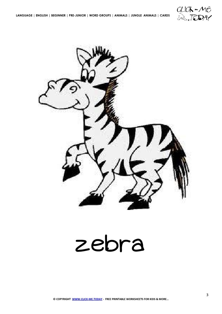 preschool 3 worksheets for number of card Zebra Printable Zebra animal flashcard Jungle