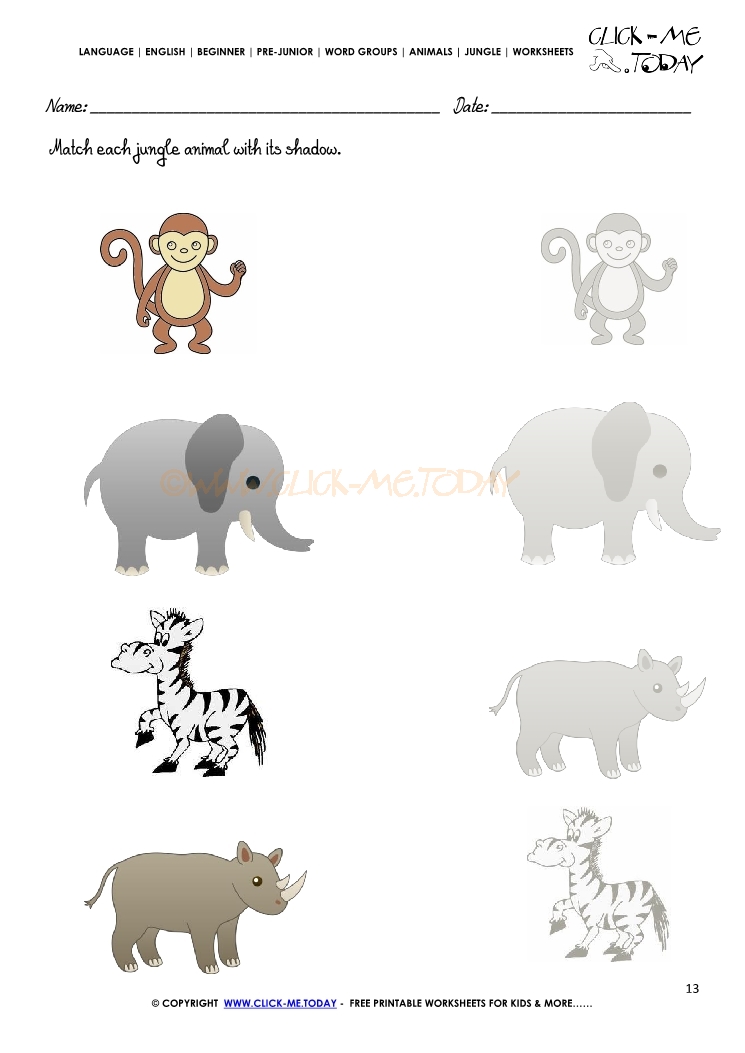jungle animals worksheet activity sheet match 13