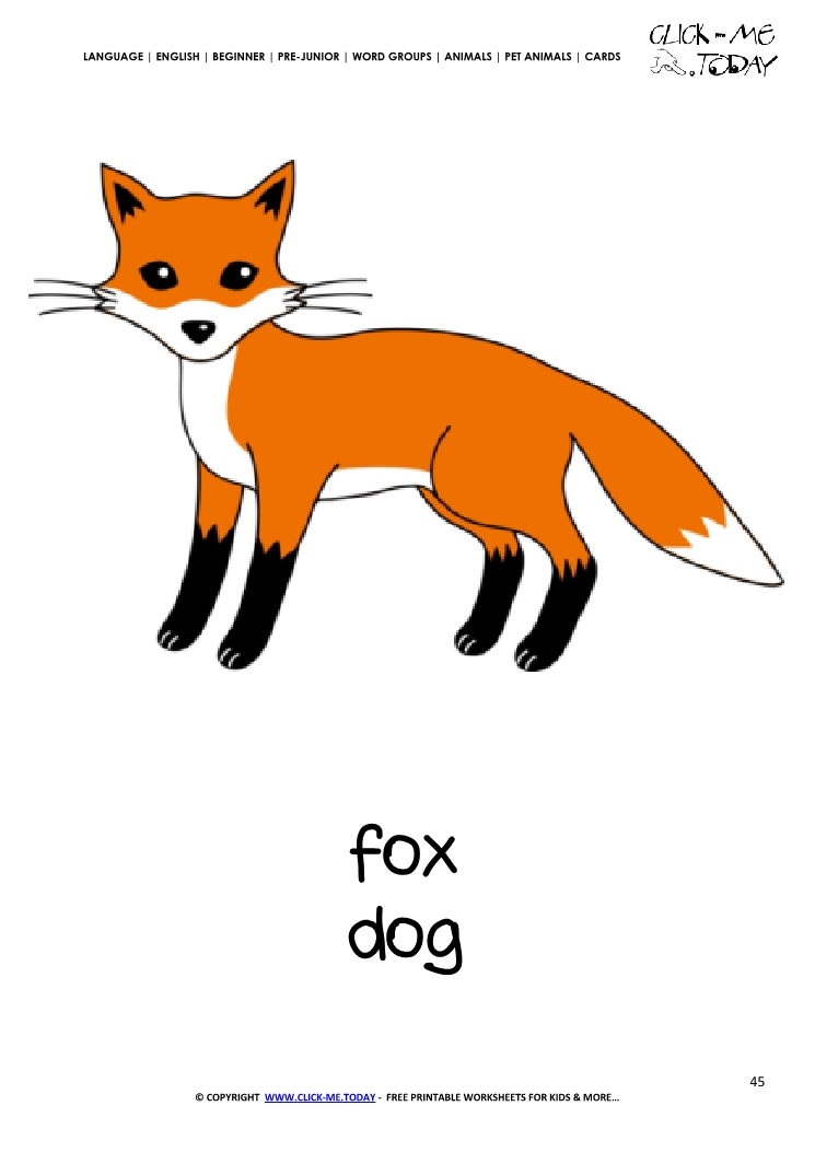 Printable Pet Animal Fox dog wall card - Fox flashcard