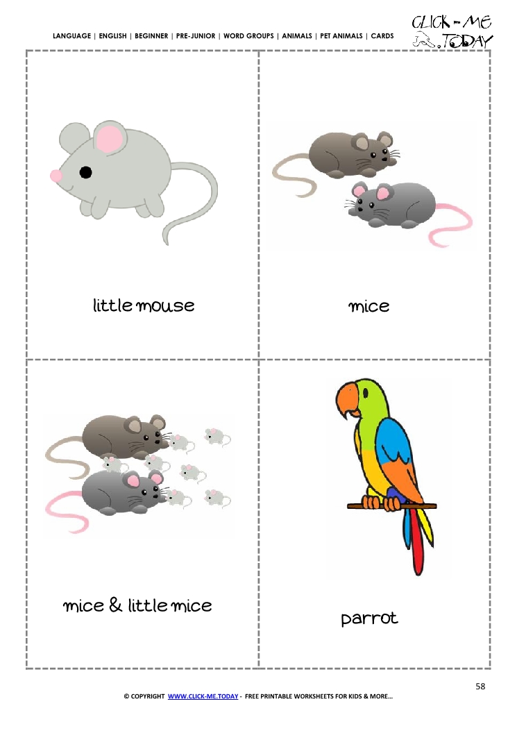 Printable Pet Animals flashcards 6 - Donkeys & Mouse