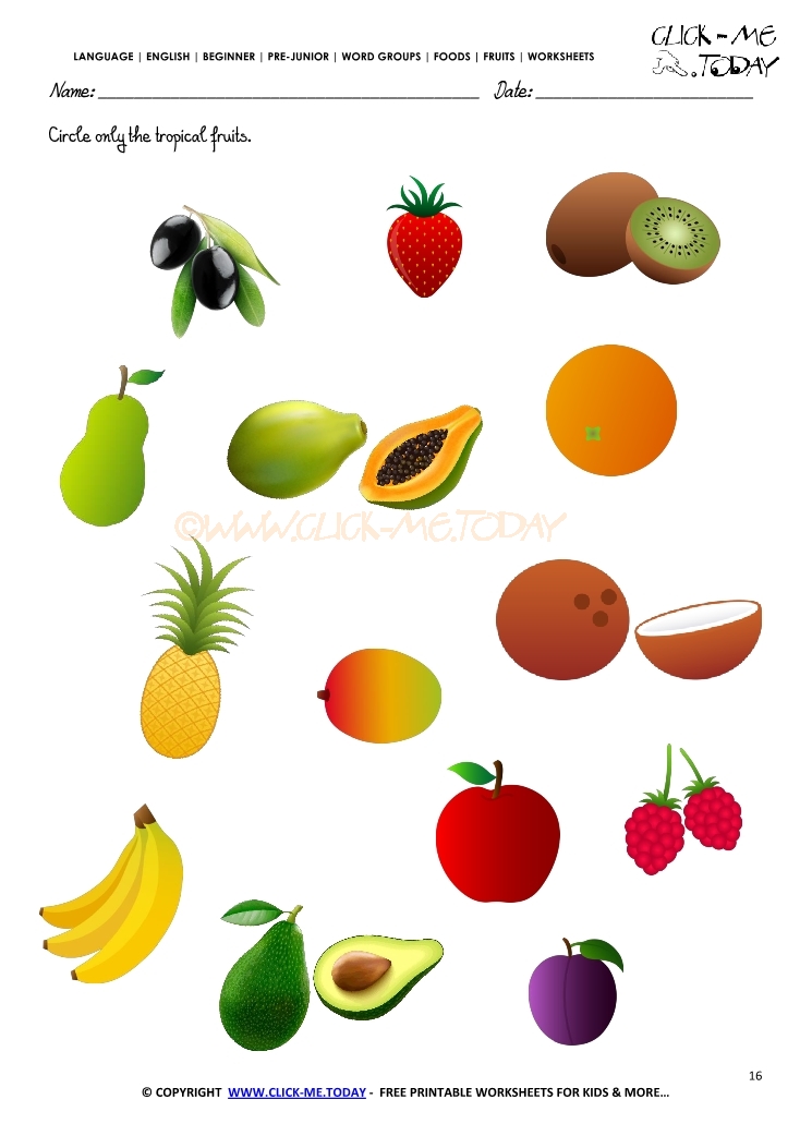 Fruits Worksheet 16 - Circle only the tropical fruits