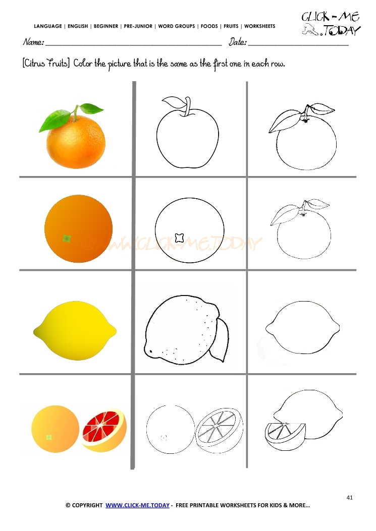Fruits Worksheet 41 - Color the Citrus Fruit 
