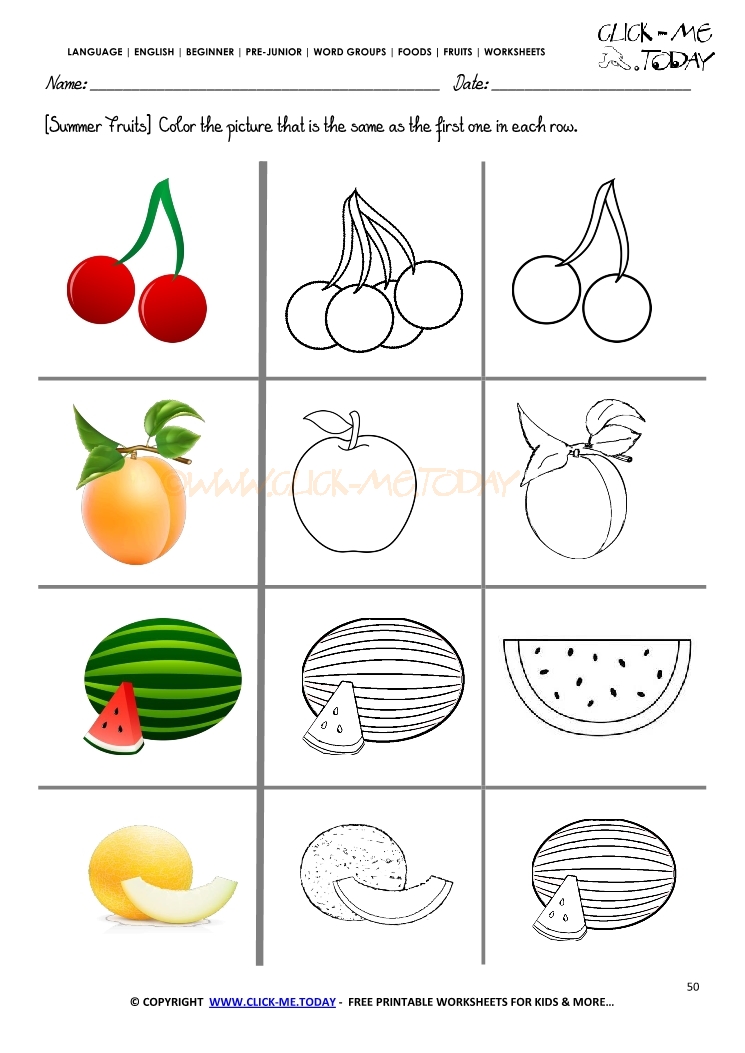 Fruits Worksheet 50 - Color the same summer fruit