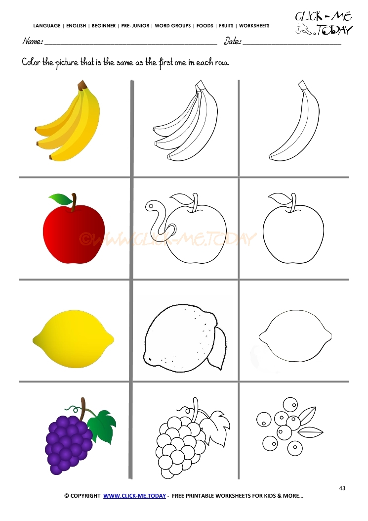 worksheet letter kindergarten recognition for the  Worksheet Fruit 43 same Fruits  Color