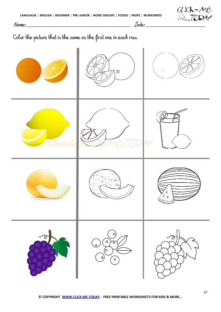 Fruits Worksheet 47 - Color the same Fruits Worksheet