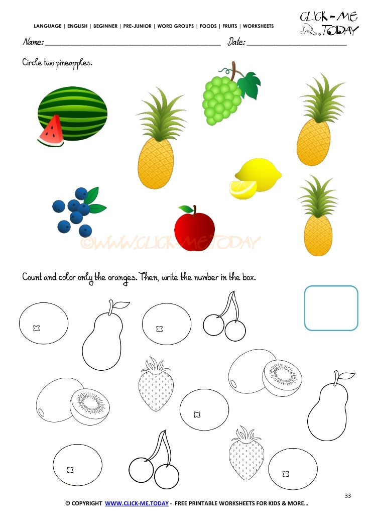 Fruits Worksheet 33 - Circle two pineapples