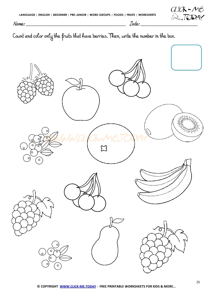 Fruits Worksheet 25 - Count and color only the fruits that have berries