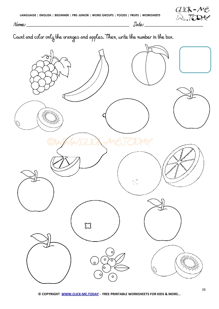 Fruits Worksheet 26 - Count and color only the oranges and apples
