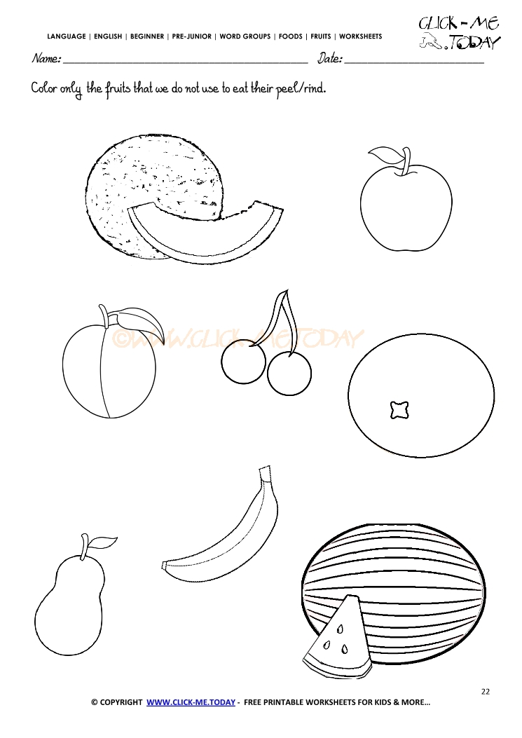 Fruits Worksheet 22 - Color only  the fruits that we do not use to eat their peel/rind