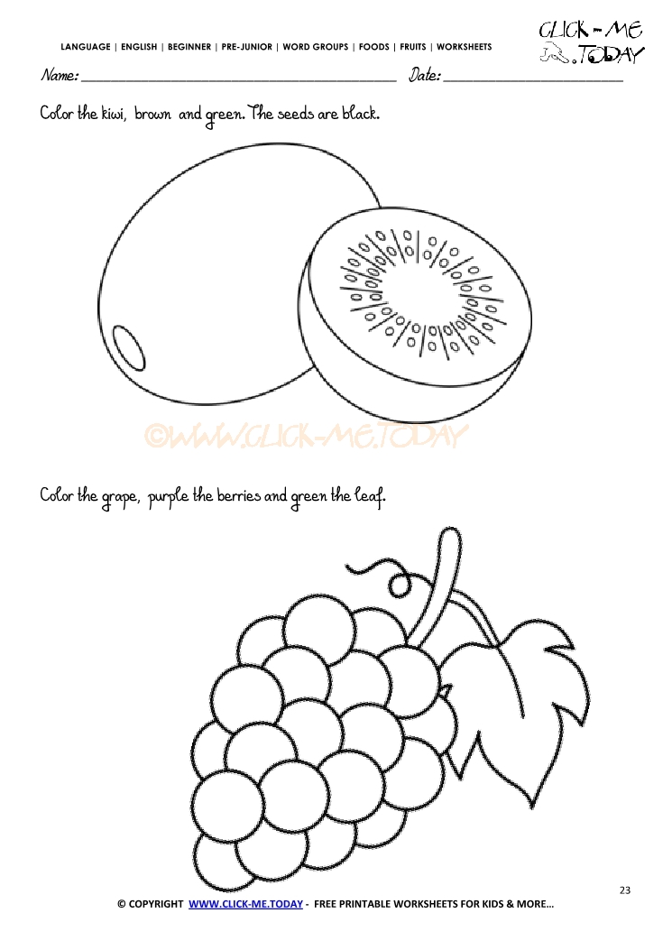 Fruits Worksheet 23 - Color the kiwi & the grape