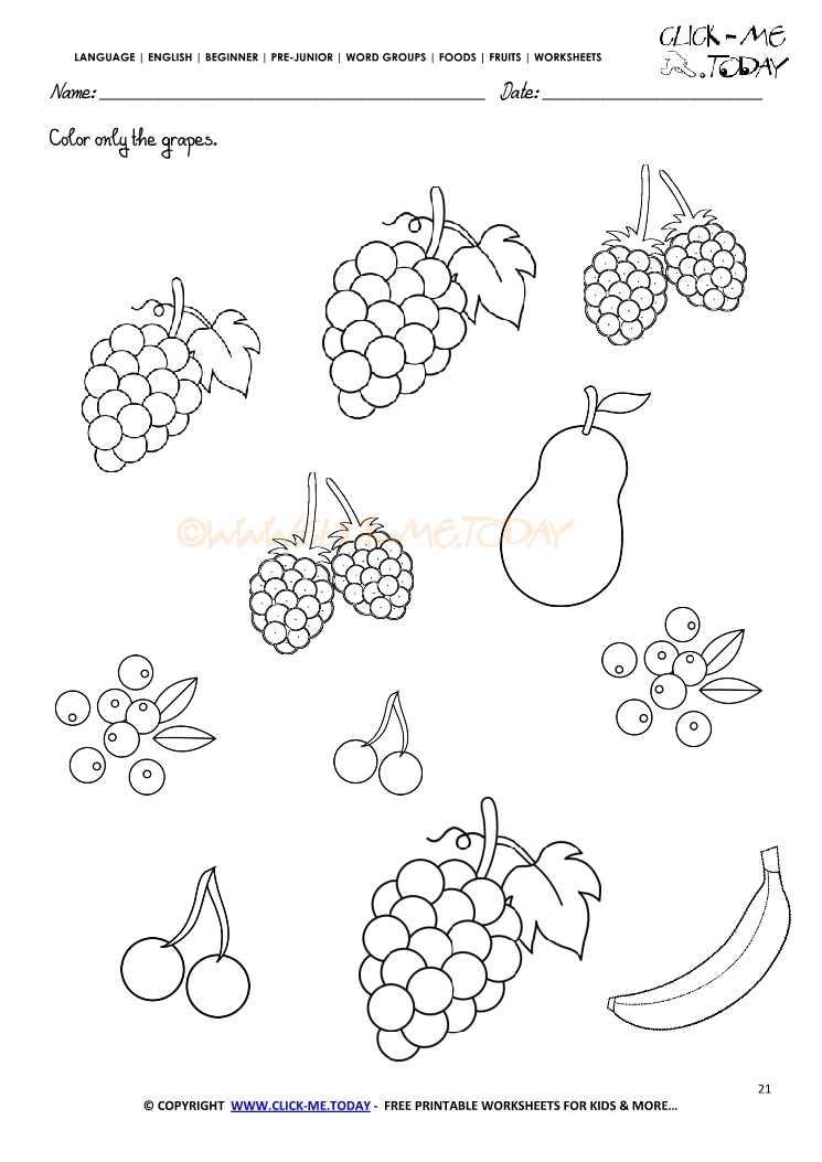 Fruits Worksheet 21 - Color only the grapes