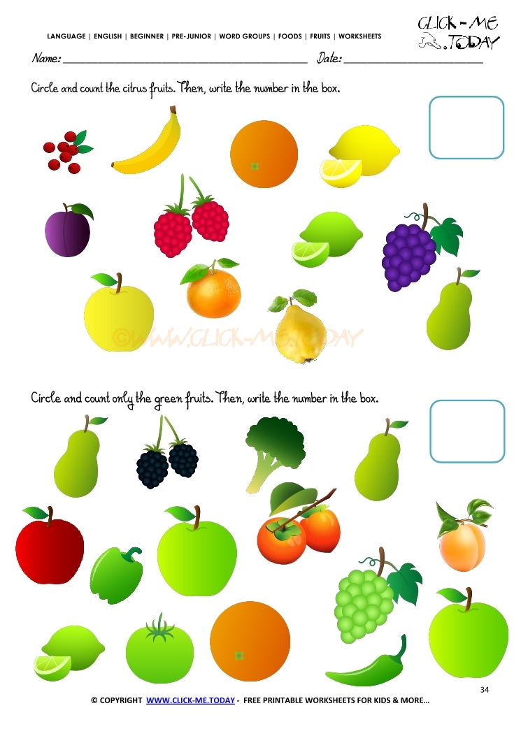 Fruits Worksheet 34 - Circle and count only the green fruits