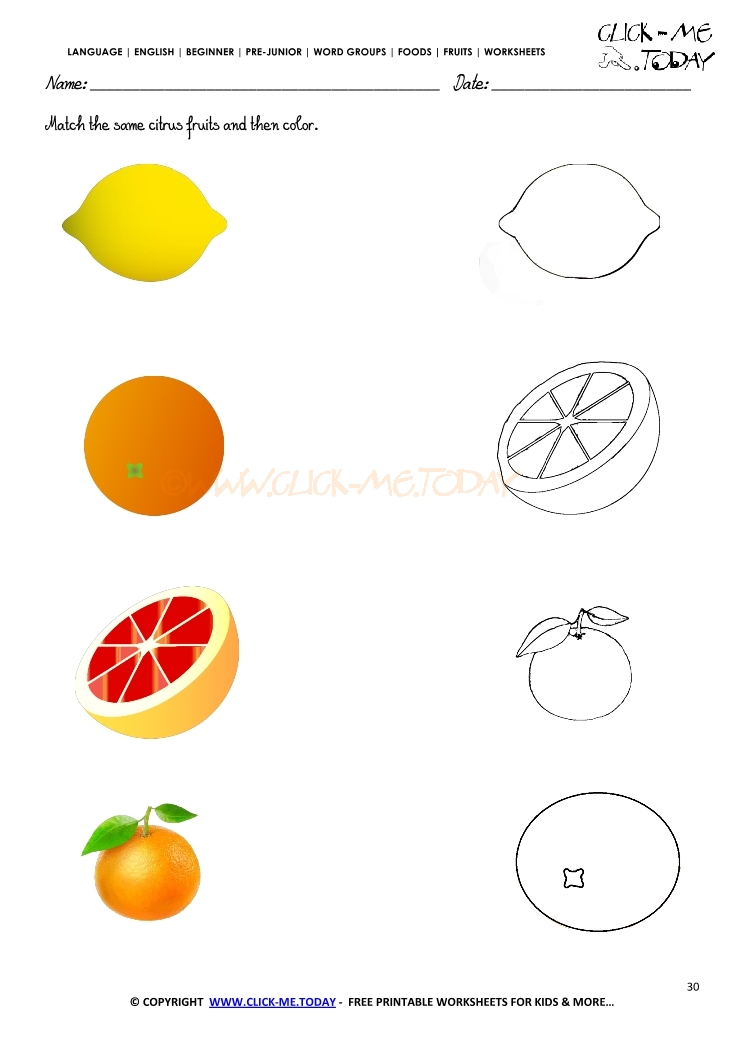 Fruits Worksheet 30 - 
Match the same citrus fruits and then color