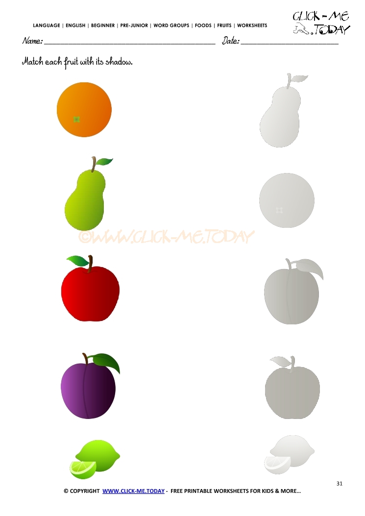 Fruits Worksheet 31 - Match each fruit with its shadow